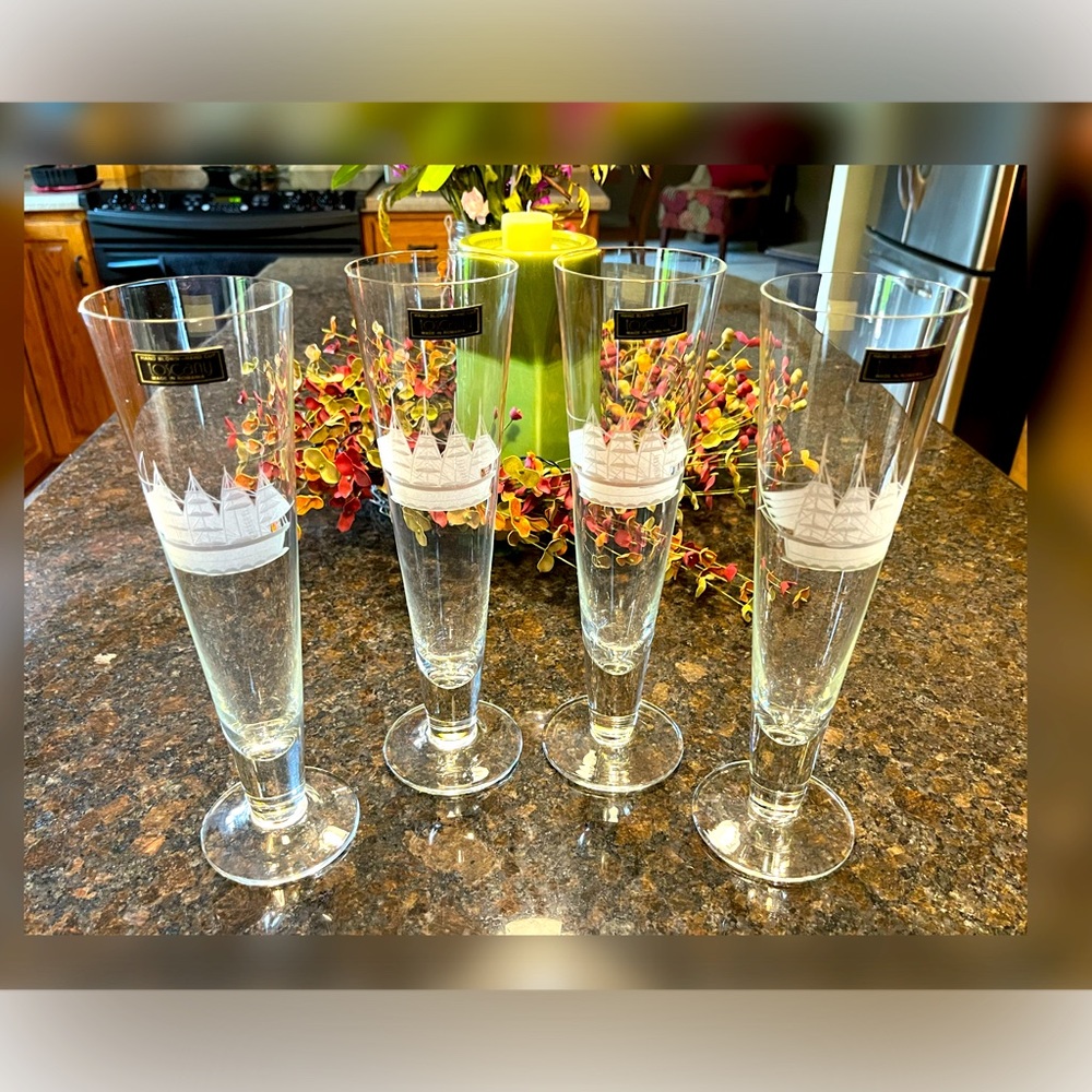 Toscany-Vintage-Set of Four Hand Blown Clipper Ships Pilsner Glasses-Romania